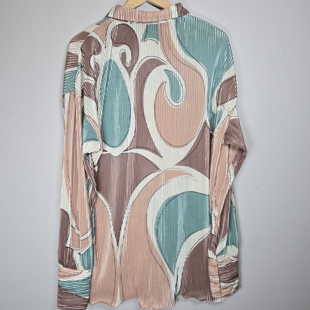 PrettyLittleThing Stone Abstract Print Plisse Frill Hem Shirt Dress Oversized 10 - Picture 15 of 16